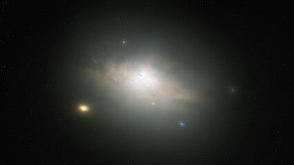 Elliptical galaxy in space without active star formation. Old regularly shaped galaxy against a black background. © Nazarii