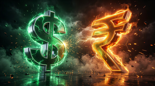 dollar versus rupee financial battle with glowing currency symbols representing rising dollar falling rupee forex volatility and global economy competition concept