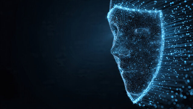 Futuristic digital human face with data flow and artificial intelligence technology concept