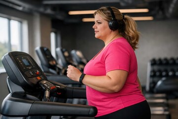 Fototapeta premium Plus size woman exercising on treadmill in gym wearing headphones focused on cardio workout, healthy lifestyle and fitness progress in modern interior