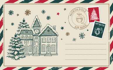 Fototapeta premium Vintage Christmas Postcard with Tree and houses and Stamps 