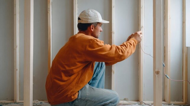 A man wearing an orange sweatshirt and a white baseball cap, kneeling on the floor and working on a wall.