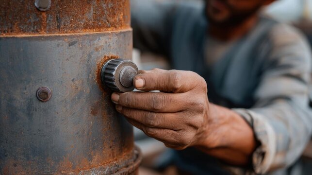 Close-up of a man's hand holding a small metal knob on top of a rusted metal pipe. the man appears to be working on the pipe, as he is wearing a blue shirt and has a beard.