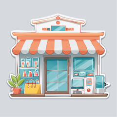 Obraz premium Cute Cartoon Storefront with Products and Computer