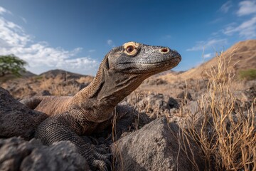 Fototapeta premium Close-up portrait of a Komodo dragon in rugged island habitat
