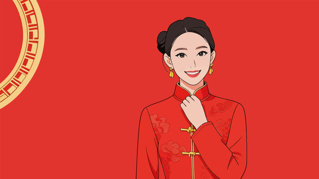 Smiling Chinese bride in traditional red wedding outfit illustration