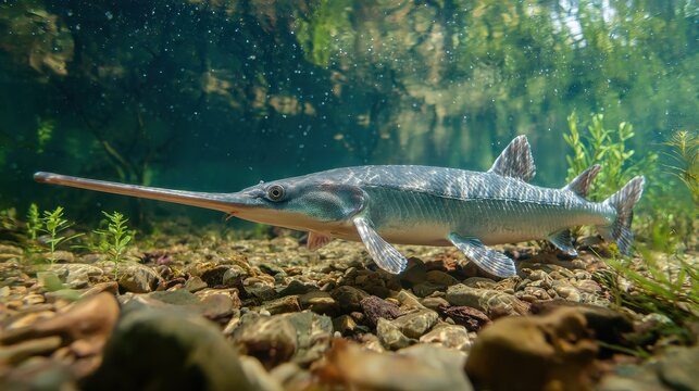 Close-up profile of a paddlefish with a long rostrum in natural habitat
