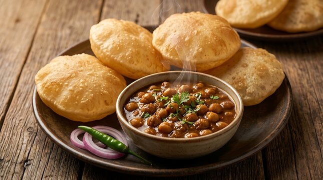 Fresh hot fried puri bread served with spicy chickpea chole curry in a bowl on a rustic wooden table