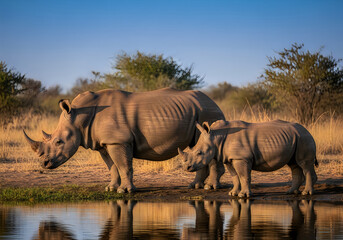 Fototapeta premium Majestic white rhinoceros family in african savanna a mother and calf bonding moment by the water's edge