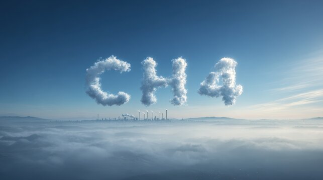 Clouds form CH4 letters in a blue sky, a visual metaphor for methane emissions and climate change
