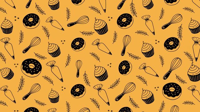 Seamless pattern with donut, cupcake, piping bag, whisk, wheat doodle style for bakery. Pastry, Baking items and Kitchen tools repeat pattern for cafes