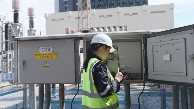 Electrician safety hard hat high visibility vest electrical panel maintenance inspection at outdoor power substation control cabinet, technician and engineer performing high voltage checks