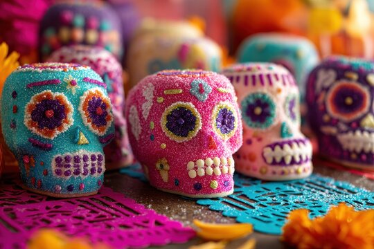 Colorful sugar skull candies with quinoa embellishments for Dia de los Muertos on a festive altar