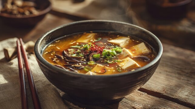 Comforting hot and sour soup served in a ceramic bowl with fresh aromatics in a cozy home kitchen setting