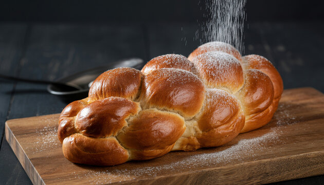 Freshly baked braided challah bread on a wooden board with powdered sugar falling from above