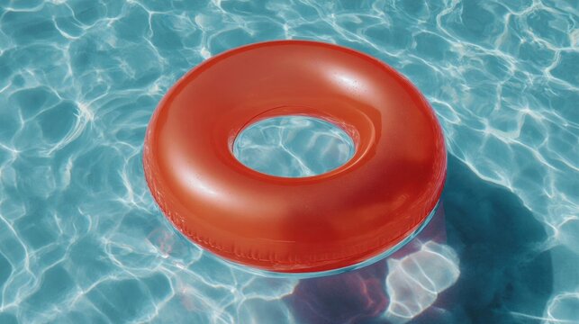 Red inflatable ring floating in a swimming pool. the ring is circular in shape and appears to be floating on the surface of the water.