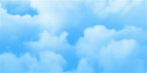Fototapeta premium Halftone cloud background. White dotted clouds in blue sky. Comic pop art heaven wallpaper for banner, collage, poster, leaflet, brochure. Rasterized smoke, smog or fog texture. Vector illustration