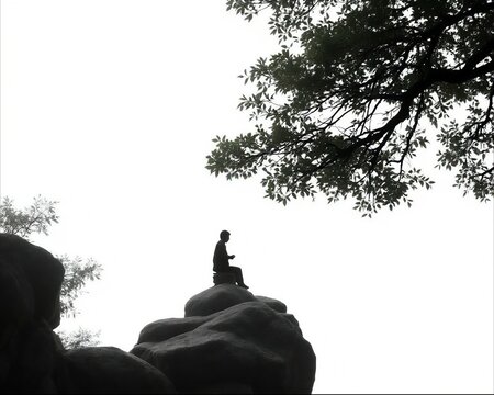 Silhouette of person meditating on rock with tree branches on bright sky background