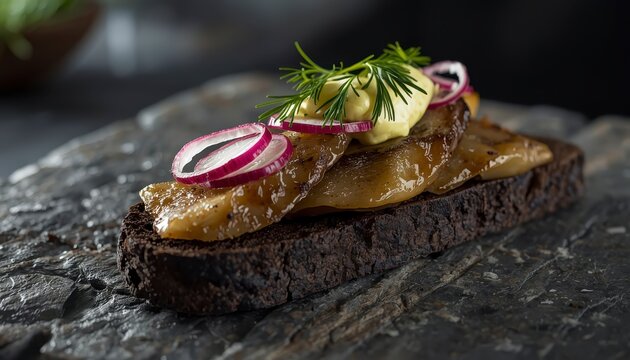 Traditional Danish Sm&oslash;rrebr&oslash;d on dark rye bread topped with pickled herring, red onion, and dill