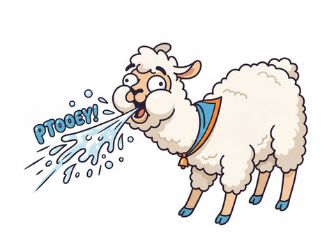 Cartoon Illustration of a Funny Llama Spitting.