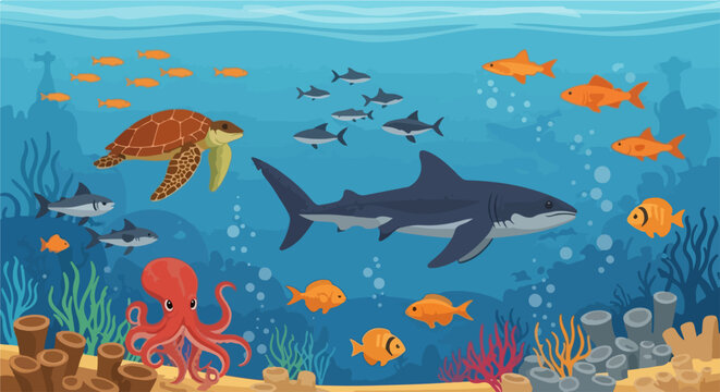 Vibrant underwater ocean scene with colorful fish, coral reefs, and marine life. Bright vector illustration featuring tropical fish school, shark, and seaweed.