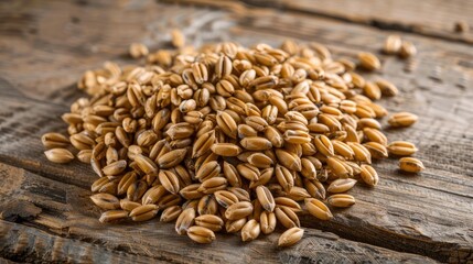 Obraz premium a bunch of wheat ears and seeds on a wooden table