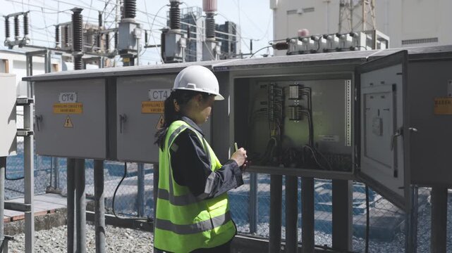 Electrical engineer power substation maintenance inspection at control panel, safety helmet and high visibility vest, high voltage industrial technician electrician workplace safety focus