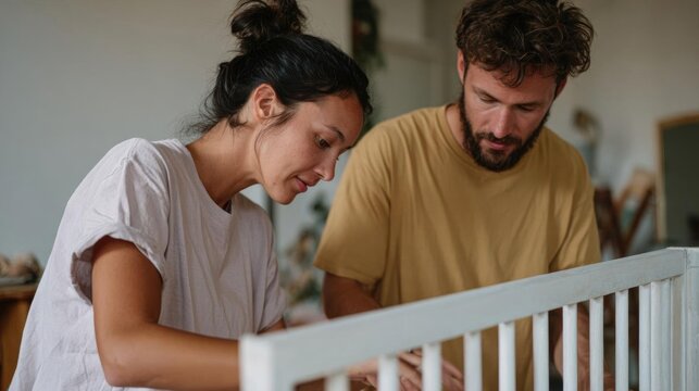 Young couple standing in a room with a white crib. the woman is on the left side of the image, wearing a white t-shirt and has her hair tied up in a bun.