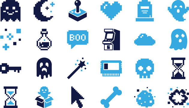 Pixelated retro game assets featuring ghosts potions coins and other 8 bit style computer icons.