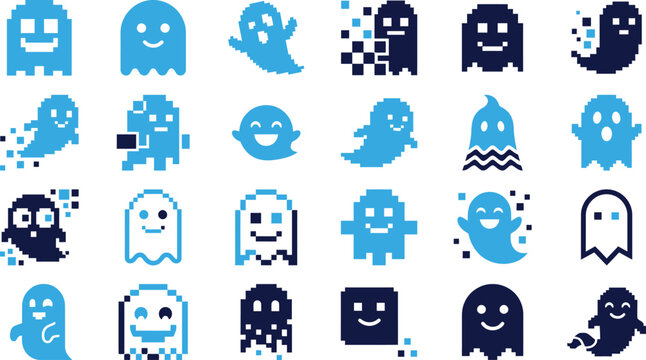 Collection of playful ghost icons in pixel art and flat styles, various colors and expressions.