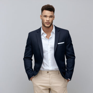 Confident man in navy blazer white shirt beige pants standing against gray background stylish modern professional business fashion