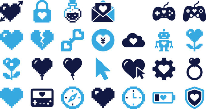Pixelated hearts gamepads lock potion mail envelope robot cloud flower rings and compass icons in blue and navy.
