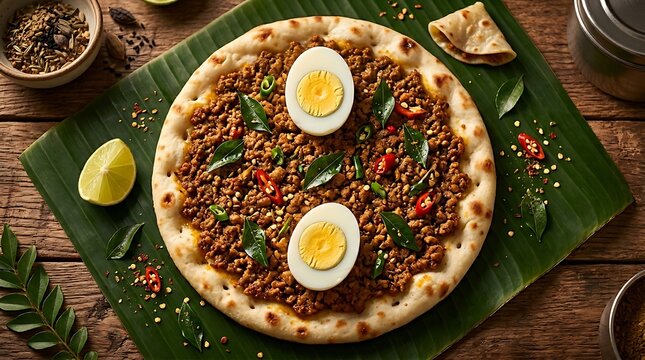 Traditional sri lankan beef kottu roti served with hard boiled eggs on a green banana leaf