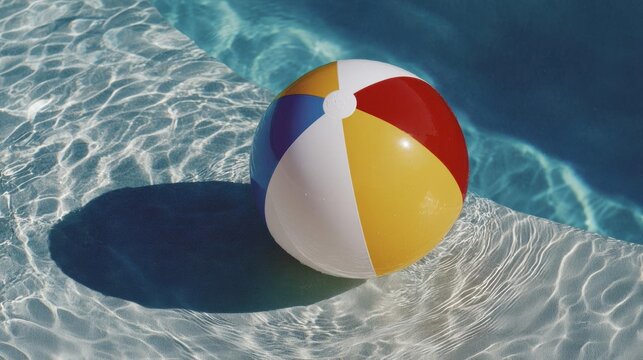 Colorful beach ball floating in a swimming pool. the ball is round and has a red, yellow, blue, and white striped pattern on it.
