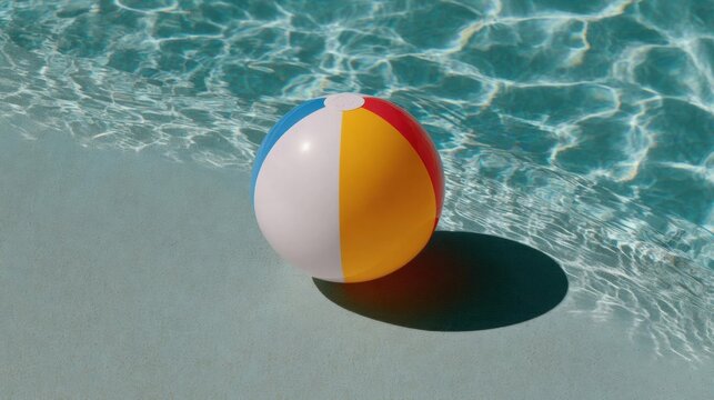 Colorful beach ball floating on the edge of a swimming pool. the ball is round and has three colors - red, orange, and white.