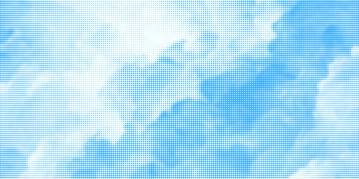 Halftone cloud background. White dotted clouds in blue sky. Comic pop art heaven wallpaper for banner, collage, poster, leaflet, brochure. Rasterized smoke, smog or fog texture. Vector illustration