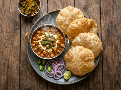 Authentic Indian street food bowl of chickpea curry with golden parathas garnished with lime wedges and onions on rustic wooden table