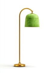Naklejka premium Gold Arc Floor Lamp With Green Shrubbery Shade On White Background