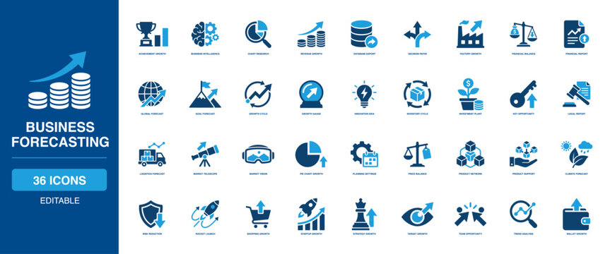 Strategy Vision and Business Forecasting Solid Icon Set Predicting Intelligence Cycle Gauge Plant Logistics Telescope Trends Climate Analytics Planning Future Prophecy Economy Market Finance
