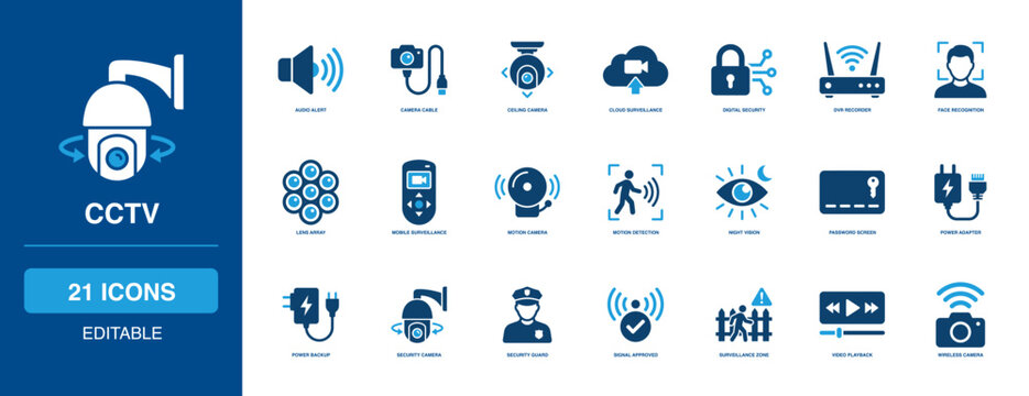 Security Surveillance and Cctv Solid Icon Set Monitoring Ceiling DVR Lens Recognition Playback Wireless Guard Zone Cable Backup Privacy Record Protect Scanner Face Detection Alarm Network