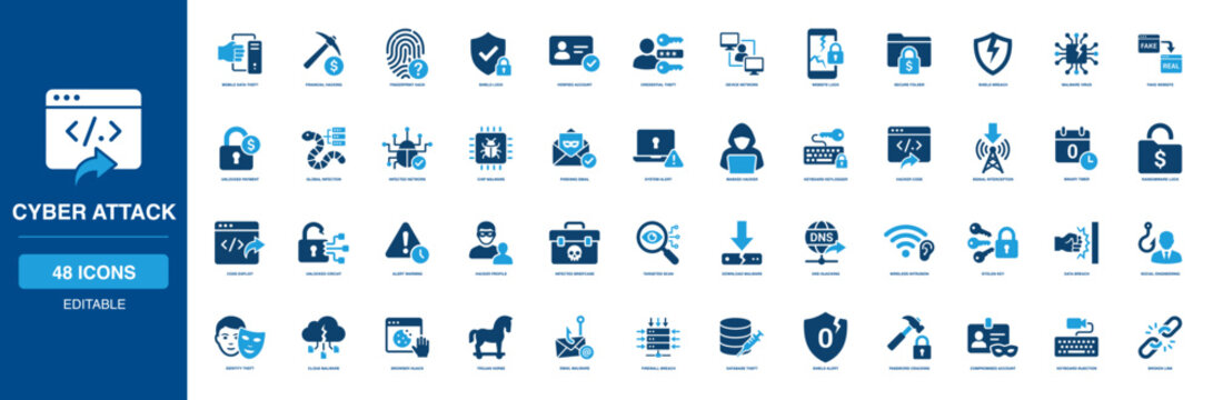 Hacker Threat and Cyber Attack Solid Icon Set Exposing Theft Credential Fake Phishing Keylogger Interception Ransomware Exploit Hijacking Trojan Database Cracking Compromised Injection Virus