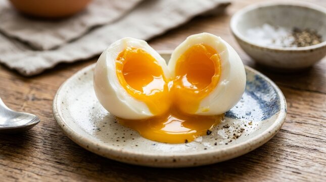 Half boiled egg macro close up with flowing yolk rich golden texture food photography