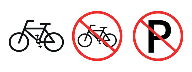Naklejka premium No parking vector signs set. Don't park here icon. No bicycle sign. Parking prohibited symbol. No bike allowed sign red circle line vector isolated illustration. 