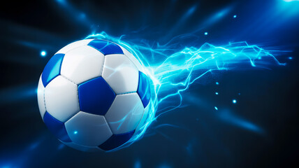 Naklejka premium A dynamic action shot of a soccer ball with energetic blue lighting effects