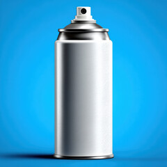 Obraz premium White spray aerosol can metallic container isolated on blue background blank label product packaging clean modern vertical orientation