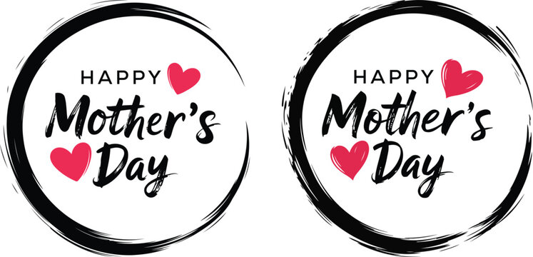 Happy Mother's Day typography set with ink brush circle frames and red hearts for greeting cards and social media