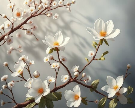 Elegant white magnolia and cherry blossom branches in soft dreamy background