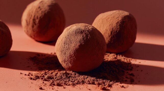Four round, chocolate truffles on a pink background. the truffels are arranged in a row, with one in the center and two on either side.