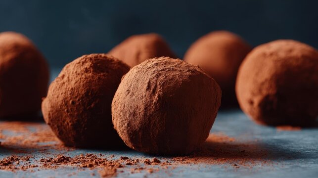 Group of six chocolate truffles arranged in a row on a dark blue background. the truffels are round and have a smooth texture, with a dusting of cocoa powder on top.