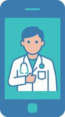 Fototapeta premium Telemedicine illustration of a male doctor on smartphone screen for virtual healthcare consultation